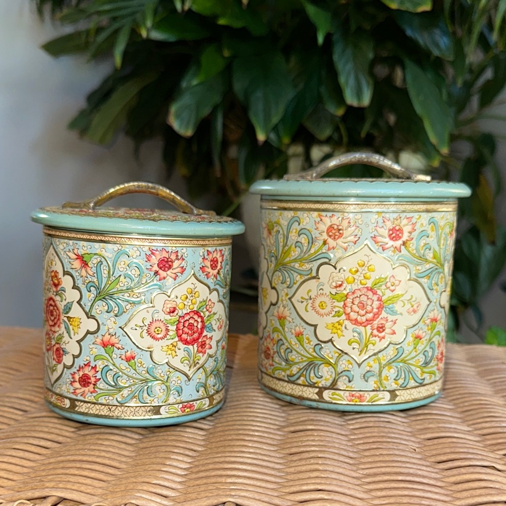Vintage Floral Patterned Canisters with Handles Made in Holland  set of two tins